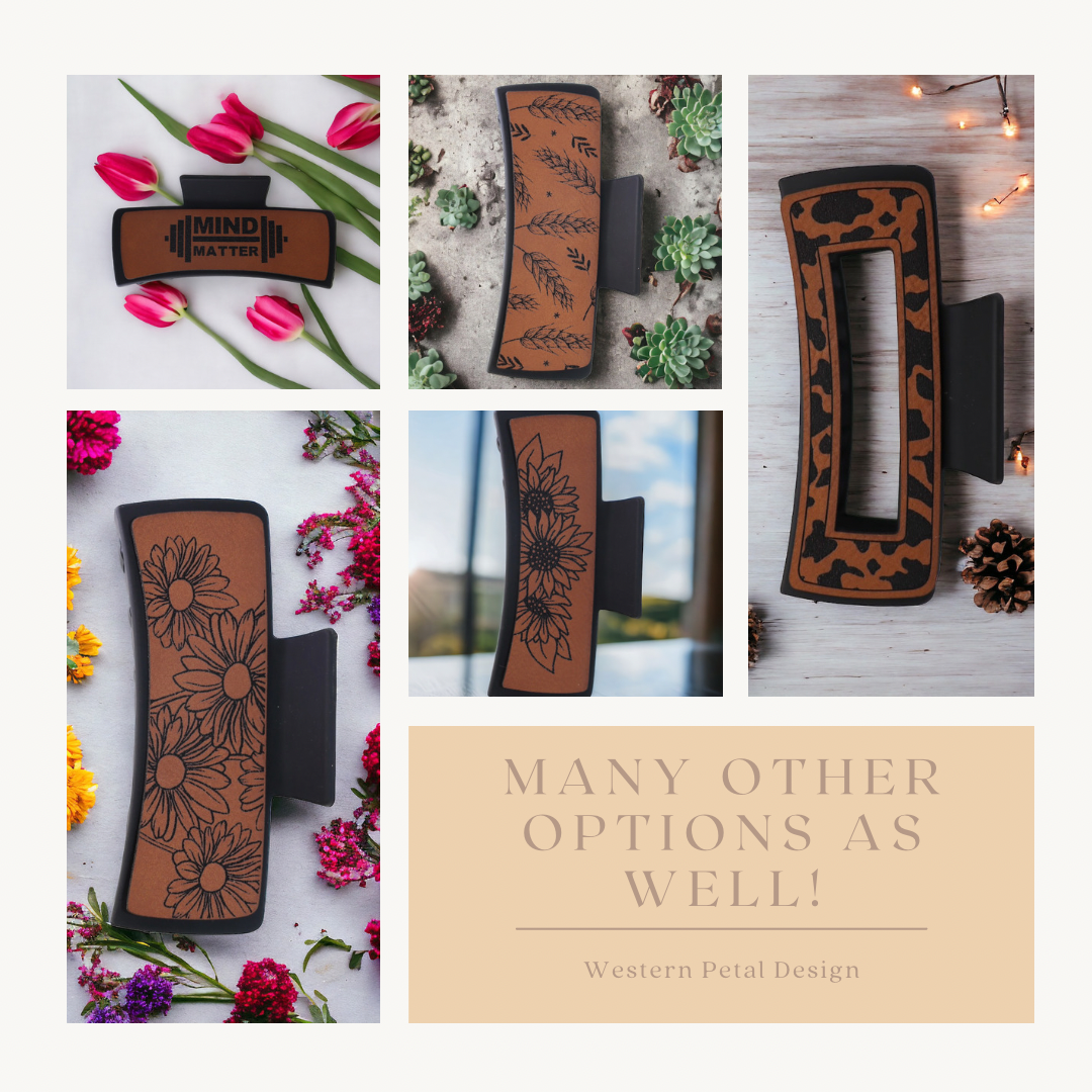 Open cow print hair claw clip with leather detailing