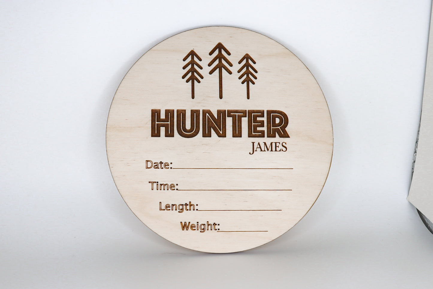Pine trees name announcement round photo prop