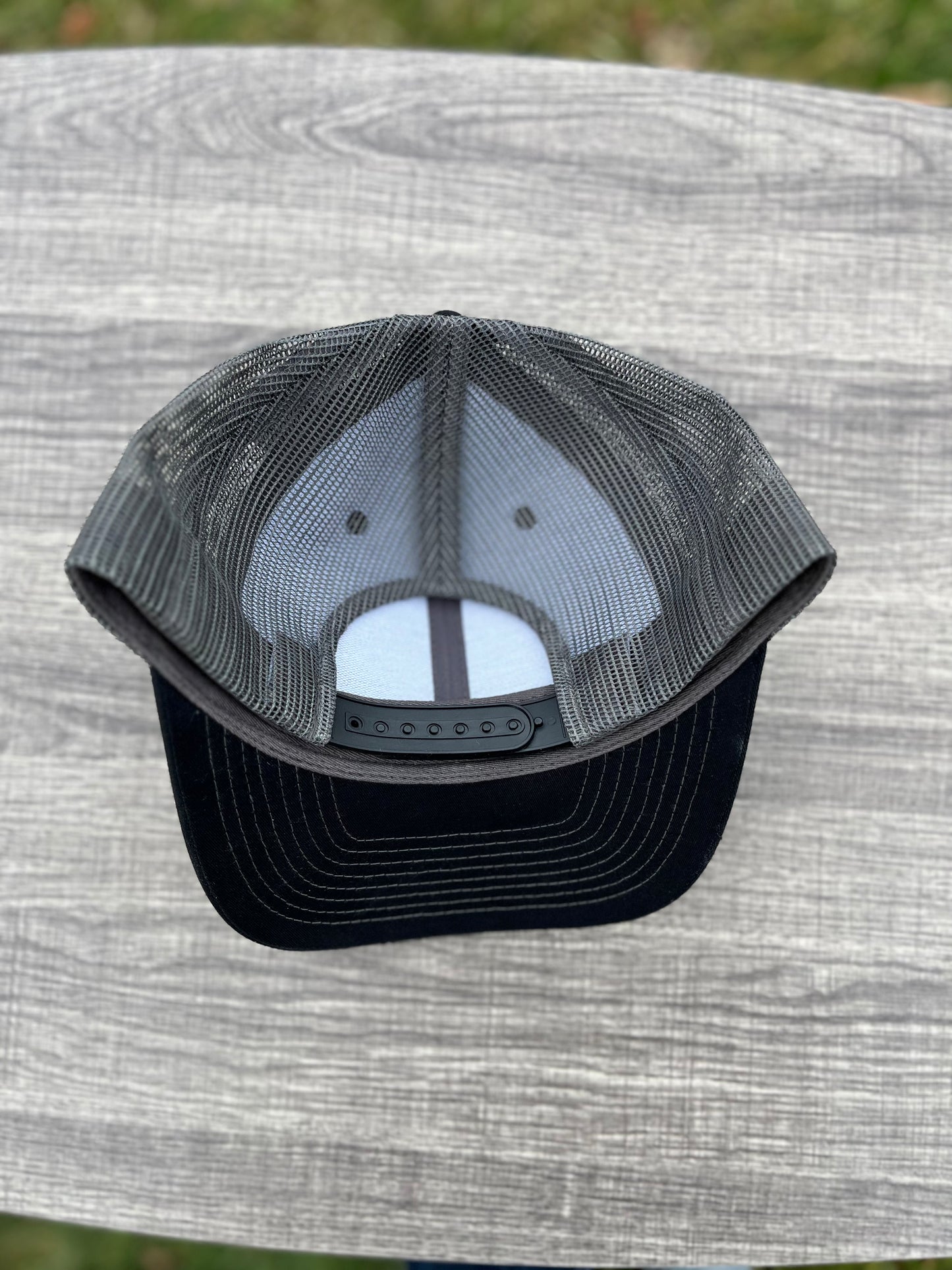 Personalized trucker hat leather patch in black / gray