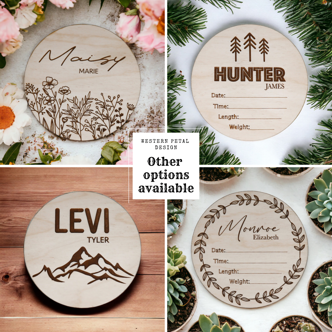 Pine trees name announcement round photo prop