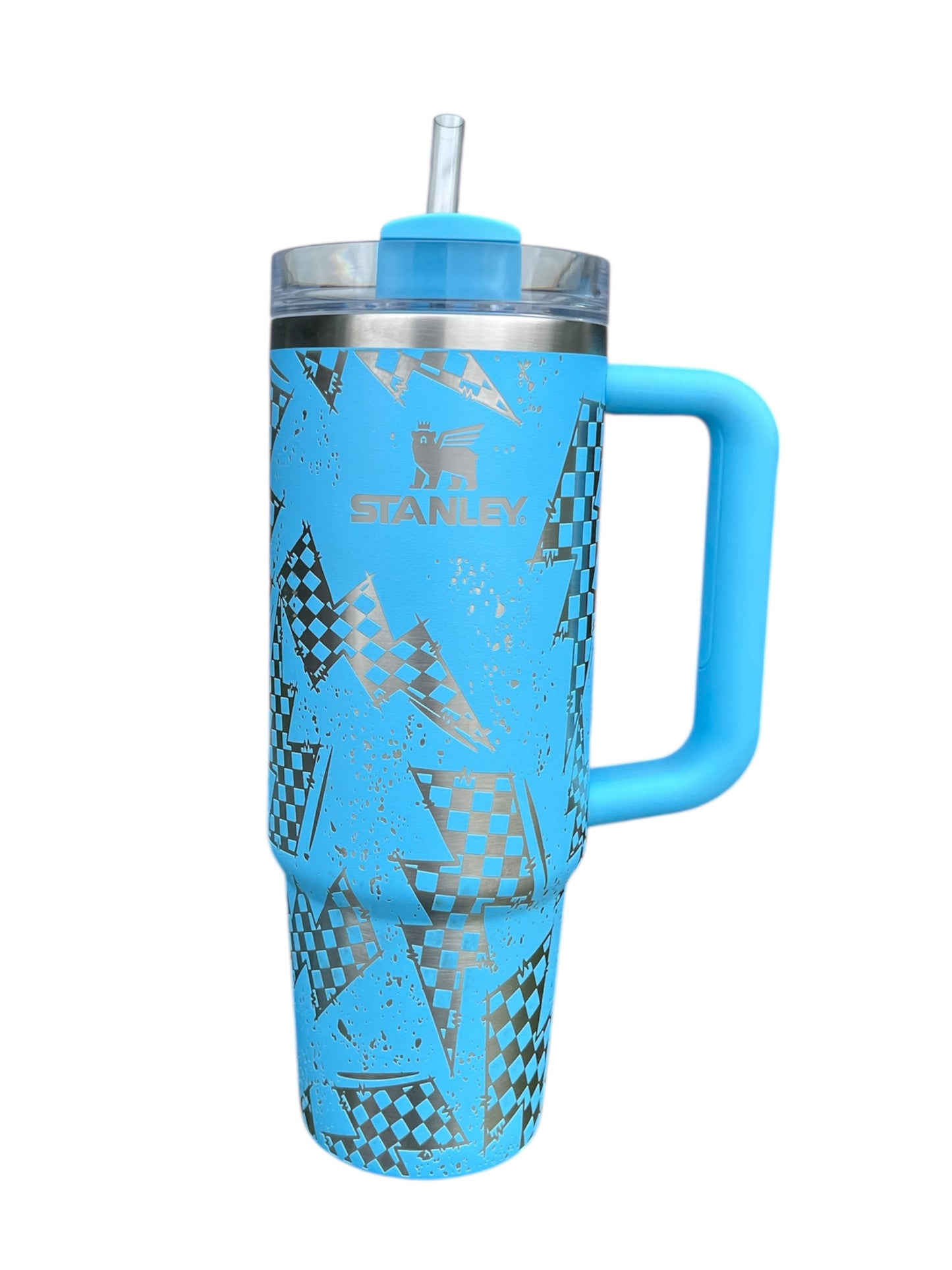 30 oz Stanley / Electric Blue / Checkered Lightning Bolts / Tumbler with Handle & Straw
