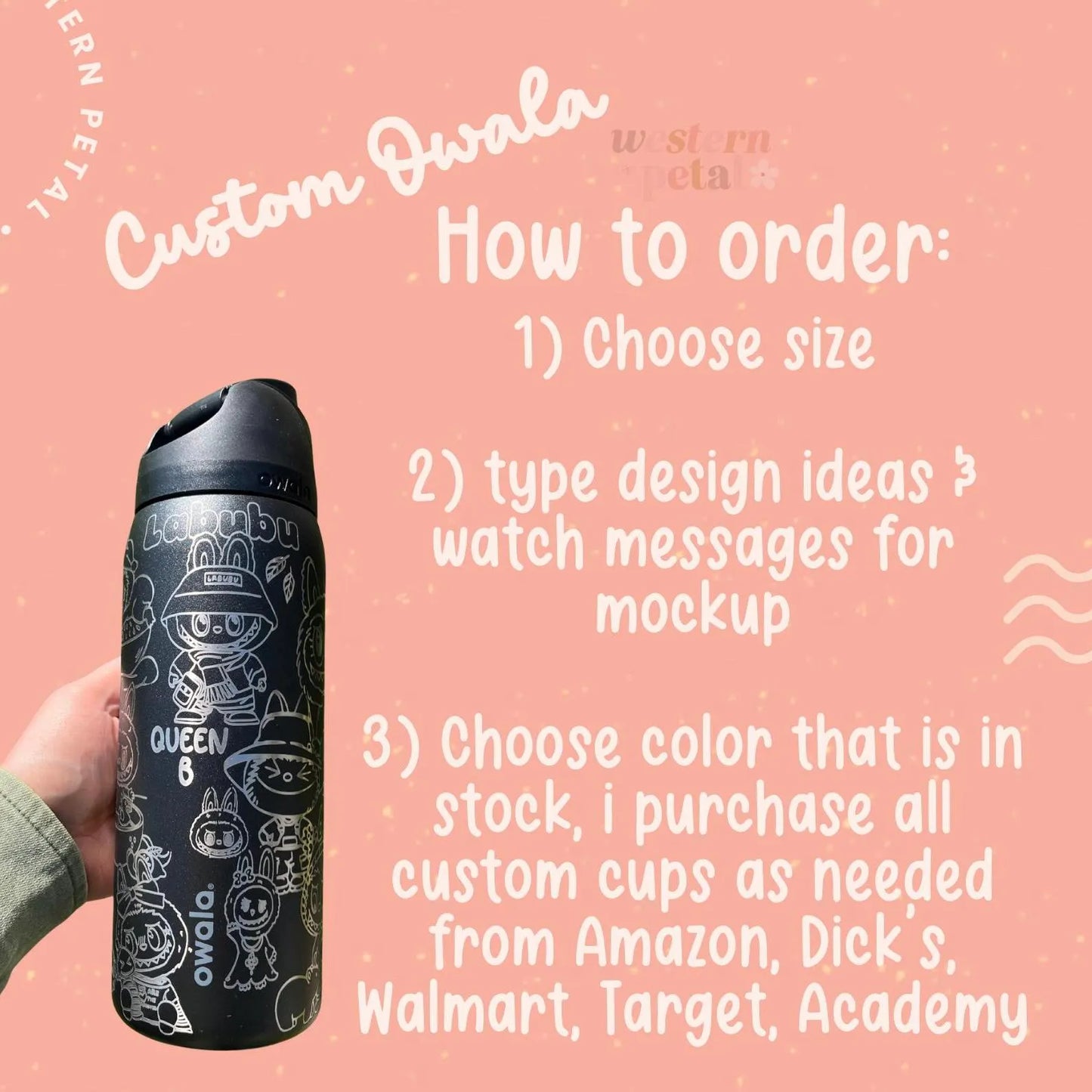 Black insulated tumbler with white designs held by a hand against a pink background with text on how to order.