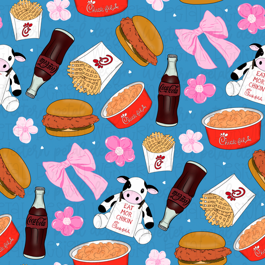 Chick-fil-A Inspired Seamless Pattern PNG | Pink Bow Fast Food Digital Paper | Coquette Chicken Seamless Design