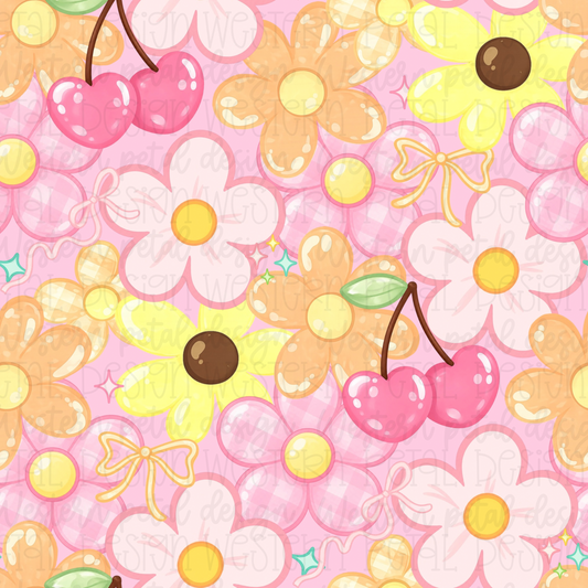 Pink Retro Cherry Floral Seamless Pattern