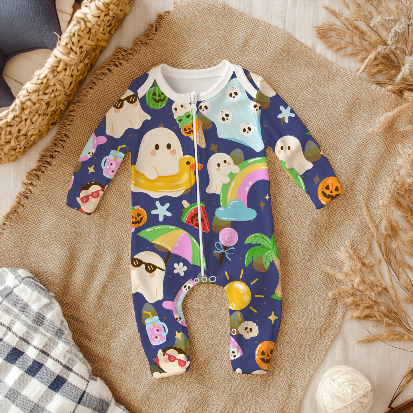 Summerween Beach Ghost Seamless Pattern