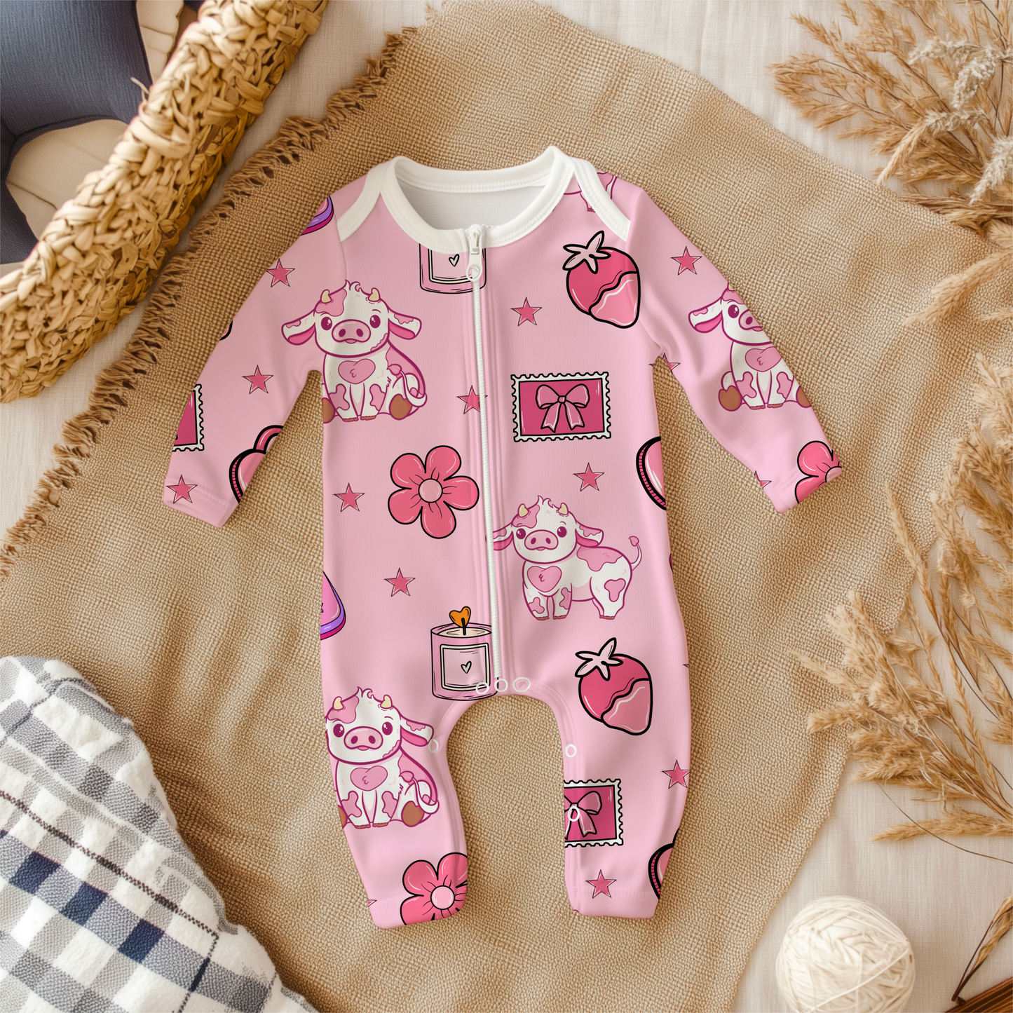 Mootiful Love Cow Seamless Pattern • Pink Valentine Cow Print • 12x12 300 DPI • Hand Drawn Cute Cow PNG • Strawberry Hearts Western Pattern