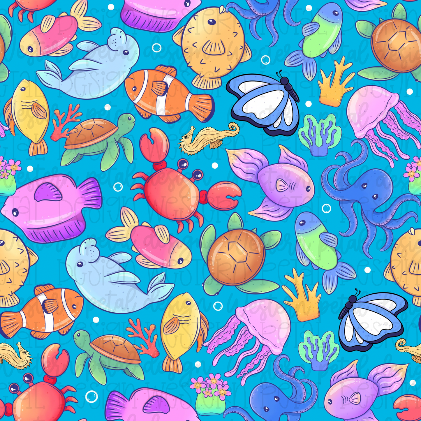 Ocean Animals Seamless Pattern PNG - Blue Background