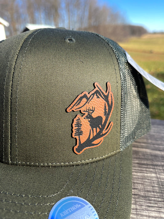 Whitetail Scene leather patch hat