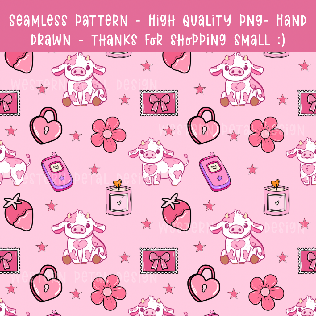 Mootiful Love Cow Seamless Pattern • Pink Valentine Cow Print • 12x12 300 DPI • Hand Drawn Cute Cow PNG • Strawberry Hearts Western Pattern