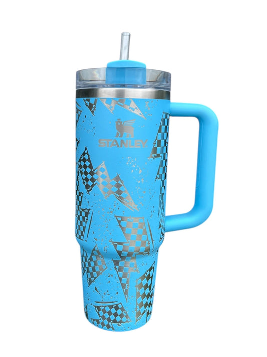 30 oz Stanley / Electric Blue / Checkered Lightning Bolts / Tumbler with Handle & Straw - Western Petal Design