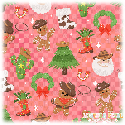 Western Christmas (Pink Checker) Seamless Pattern PNG