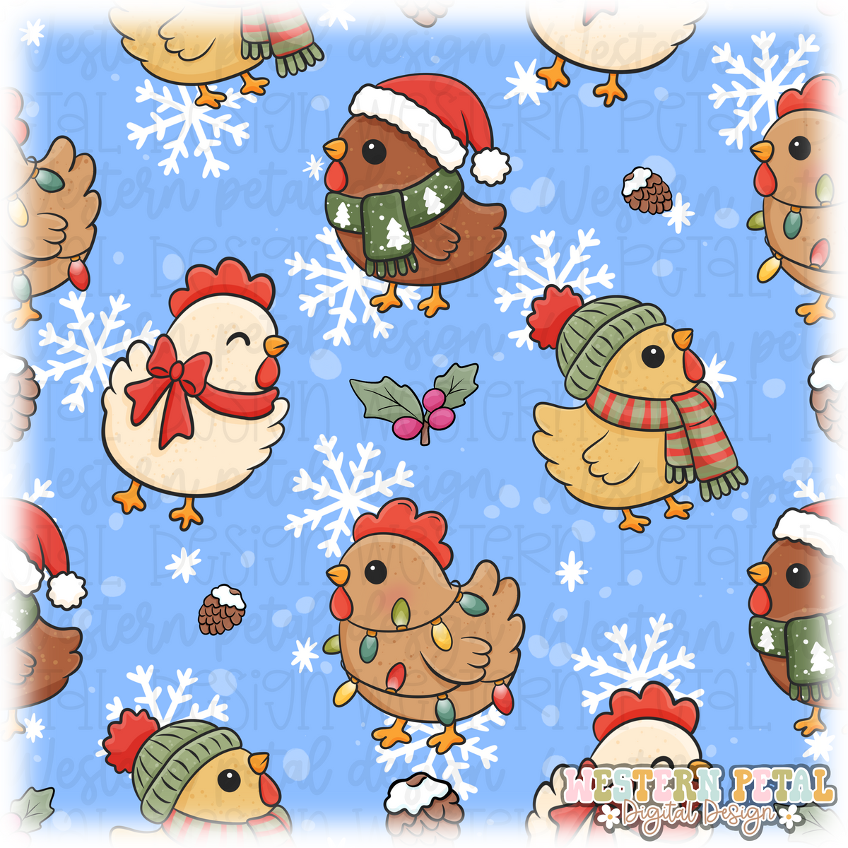 Holiday Hens Seamless Pattern PNG