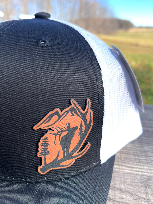 Elk scene leather patch hat