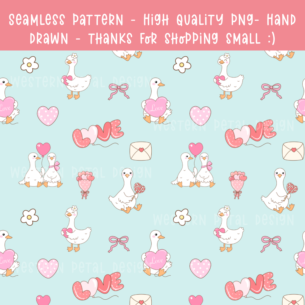 Hand Drawn Valentine Goose Seamless Pattern | 12x12” 300 DPI Digital Paper | Cute Love Ducks Background for Sublimation, Scrapbooking, Craft