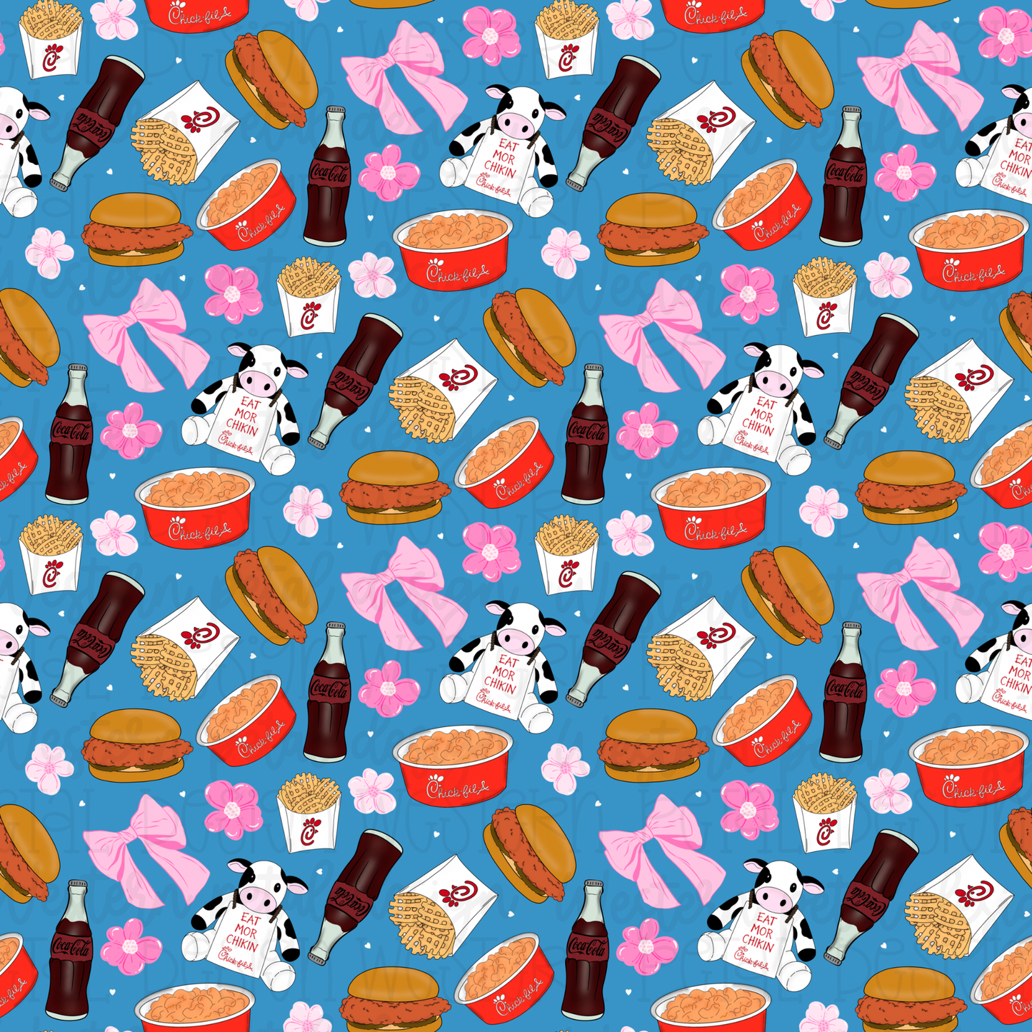 Chick-fil-A Inspired Seamless Pattern PNG | Pink Bow Fast Food Digital Paper | Coquette Chicken Seamless Design
