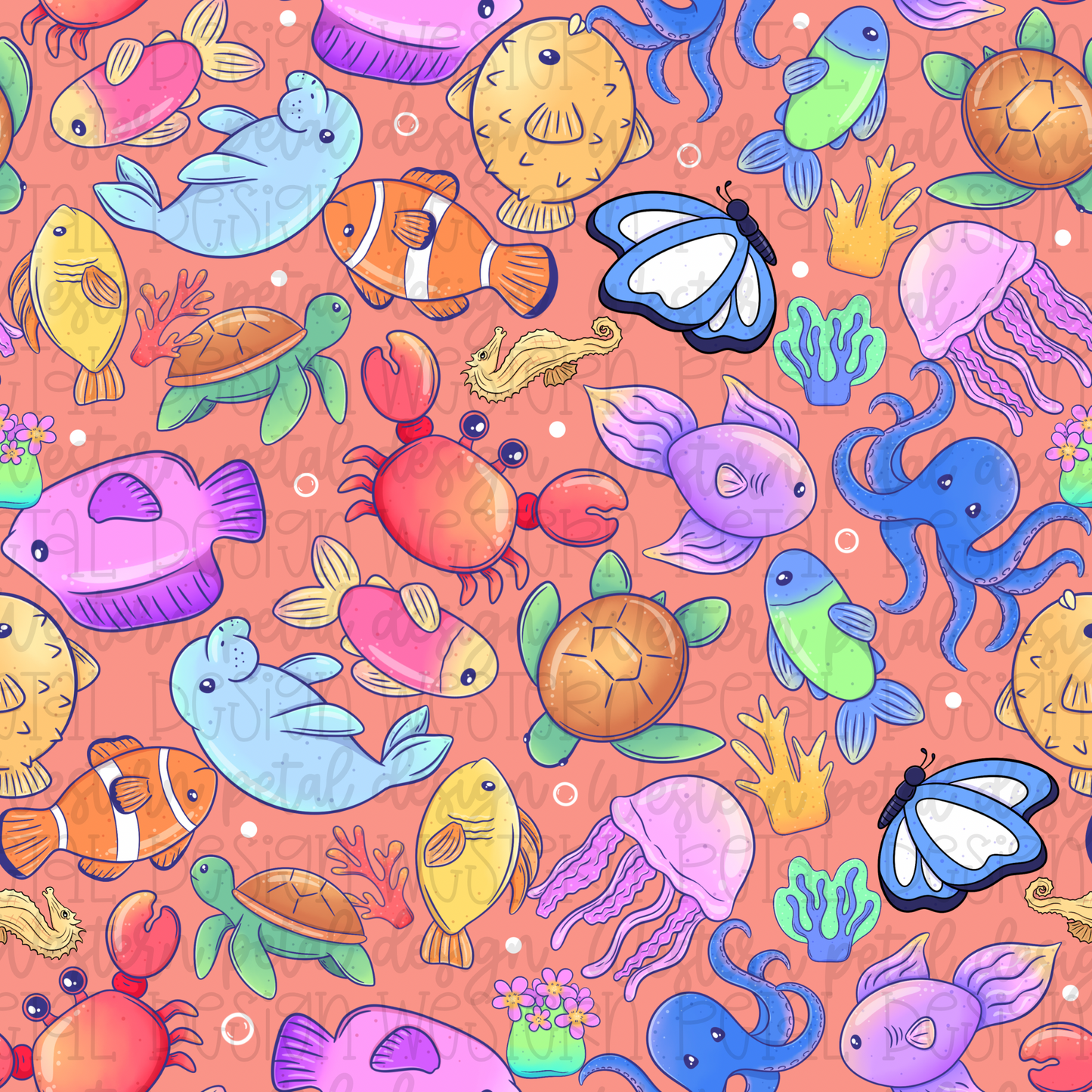 Ocean Animals Seamless Pattern PNG - Coral Background