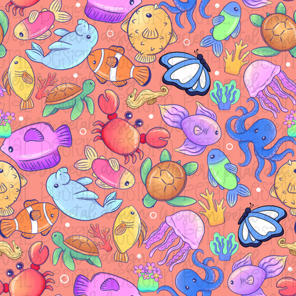 Ocean Animals Seamless Pattern PNG - Coral Background