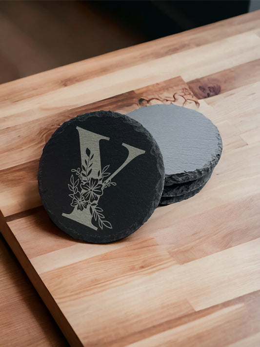 Floral monogram slate coasters, personalized