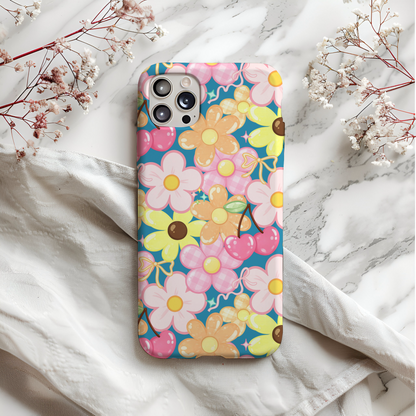 Teal Retro Cherry Floral Seamless Pattern
