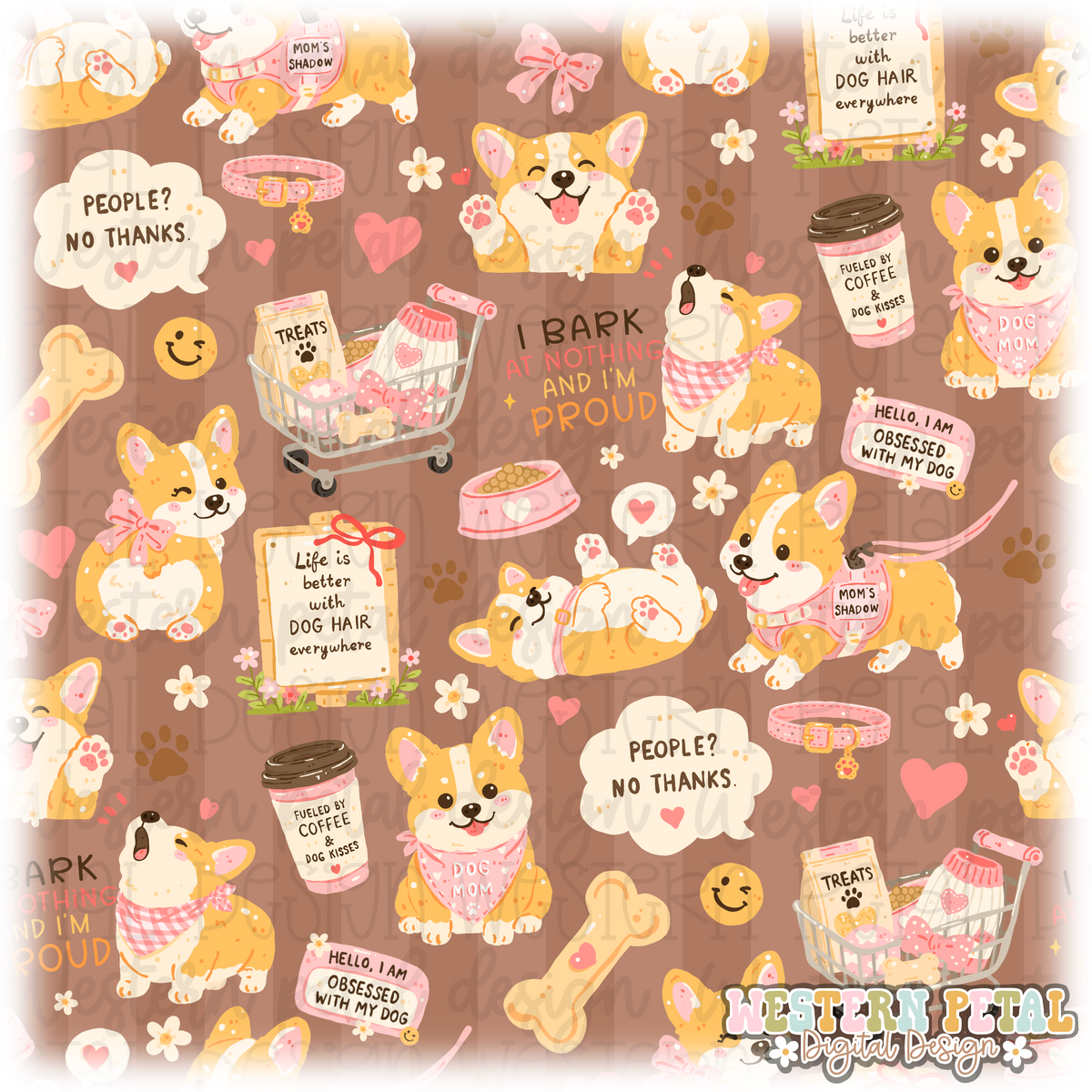 Corgi Dog Mom Seamless Pattern PNG