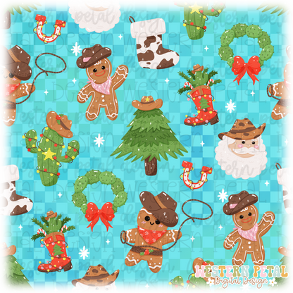 Western Christmas (Blue Checker) Seamless Pattern PNG