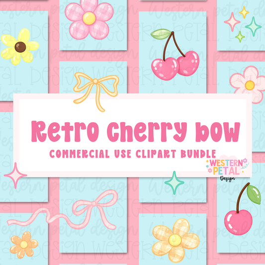 Retro Cherry Bow Clipart Bundle PNG | Pink Cherries, Bows, Flowers & Sparkles | Commercial Use Graphics for Sublimation, Stickers & POD
