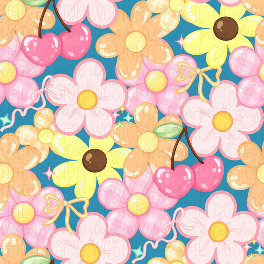 Teal Retro Cherry Floral Seamless Pattern