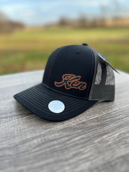 Personalized trucker hat leather patch in black / gray
