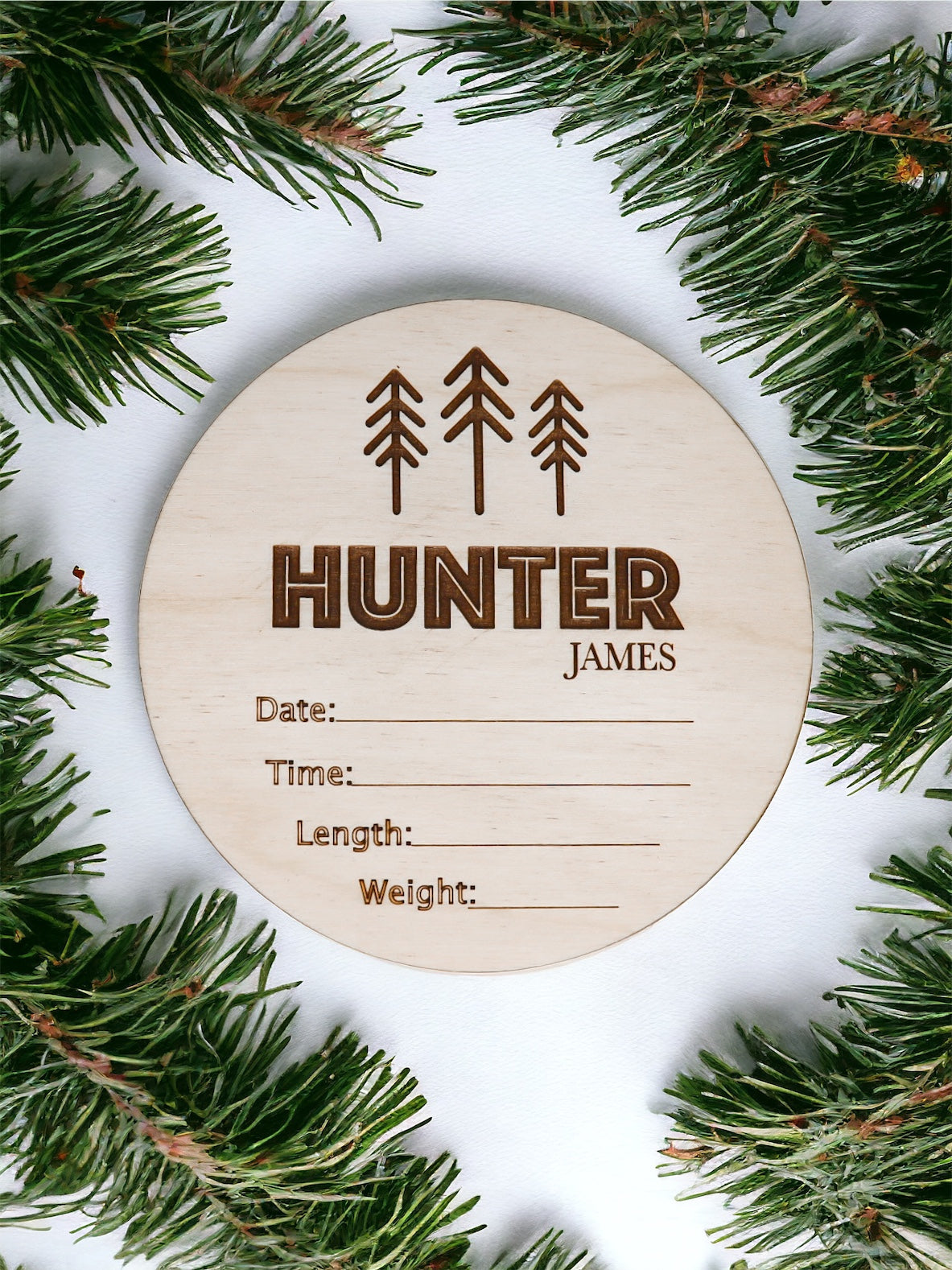 Pine trees name announcement round photo prop