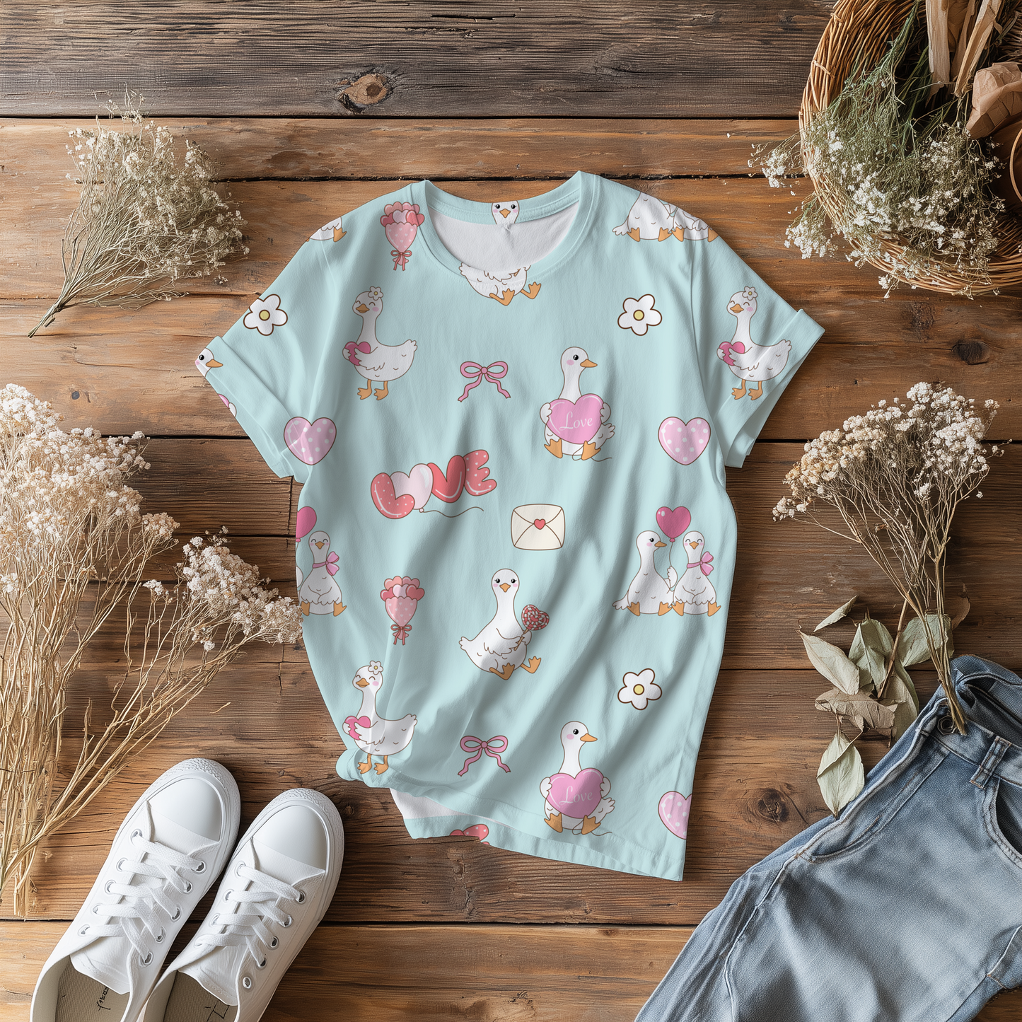 Hand Drawn Valentine Goose Seamless Pattern | 12x12” 300 DPI Digital Paper | Cute Love Ducks Background for Sublimation, Scrapbooking, Craft