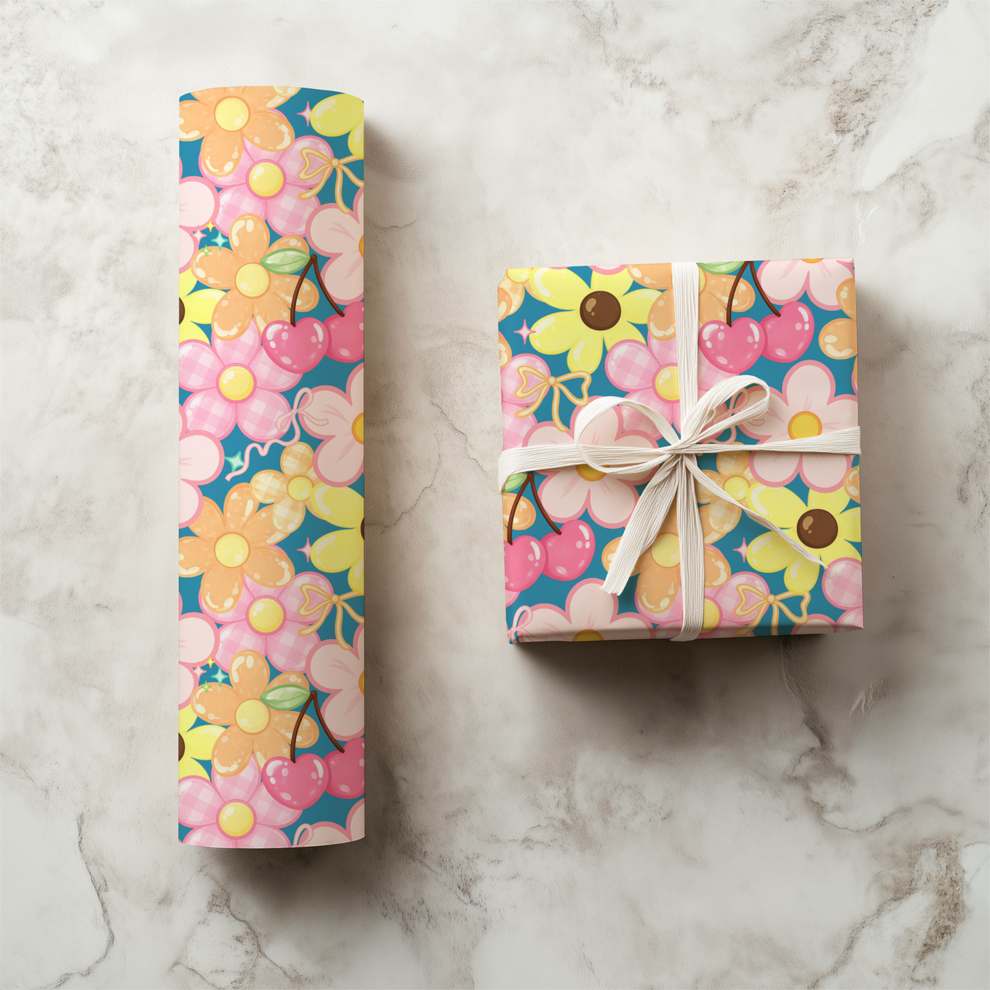 Teal Retro Cherry Floral Seamless Pattern