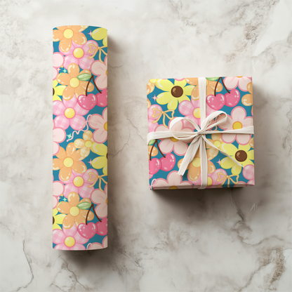 Teal Retro Cherry Floral Seamless Pattern