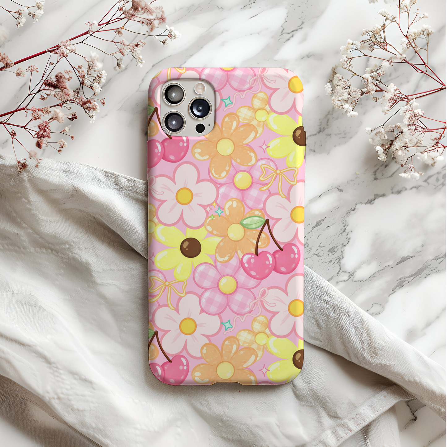 Pink Retro Cherry Floral Seamless Pattern