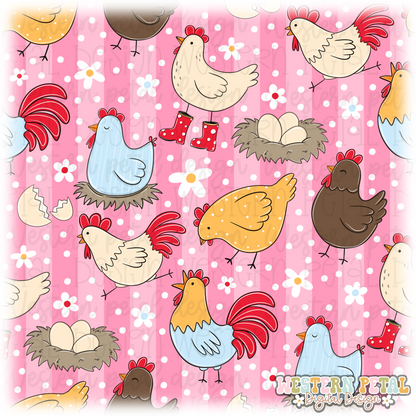 Floral Chickens Seamless Pattern PNG