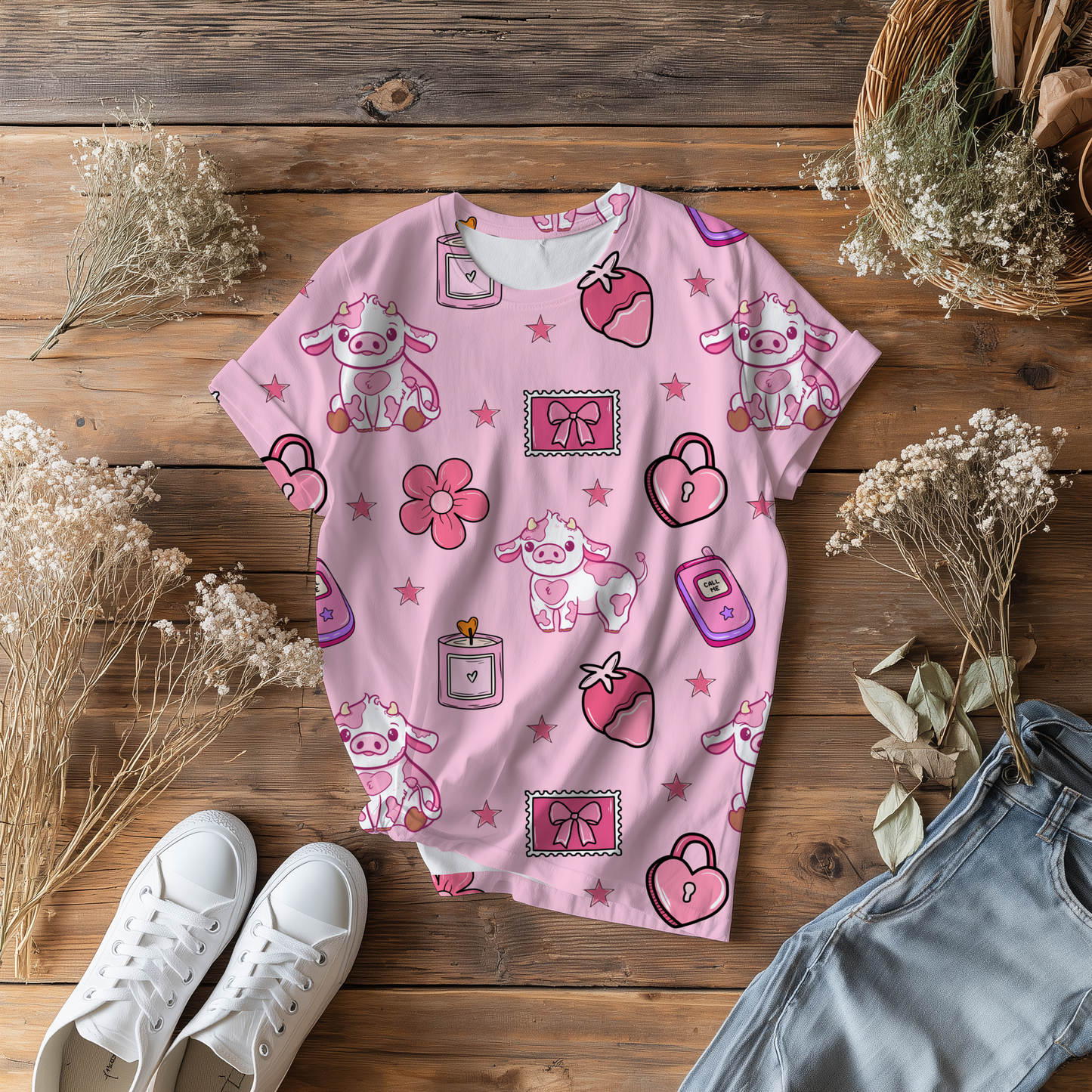 Mootiful Love Cow Seamless Pattern • Pink Valentine Cow Print • 12x12 300 DPI • Hand Drawn Cute Cow PNG • Strawberry Hearts Western Pattern