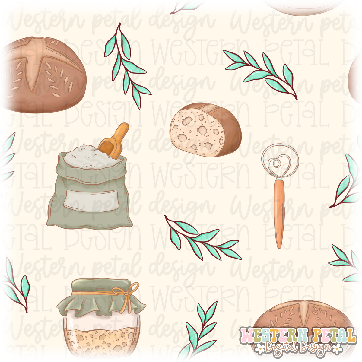 Sourdough Bread Seamless Pattern | Bakery Digital Paper (12x12 PNG)