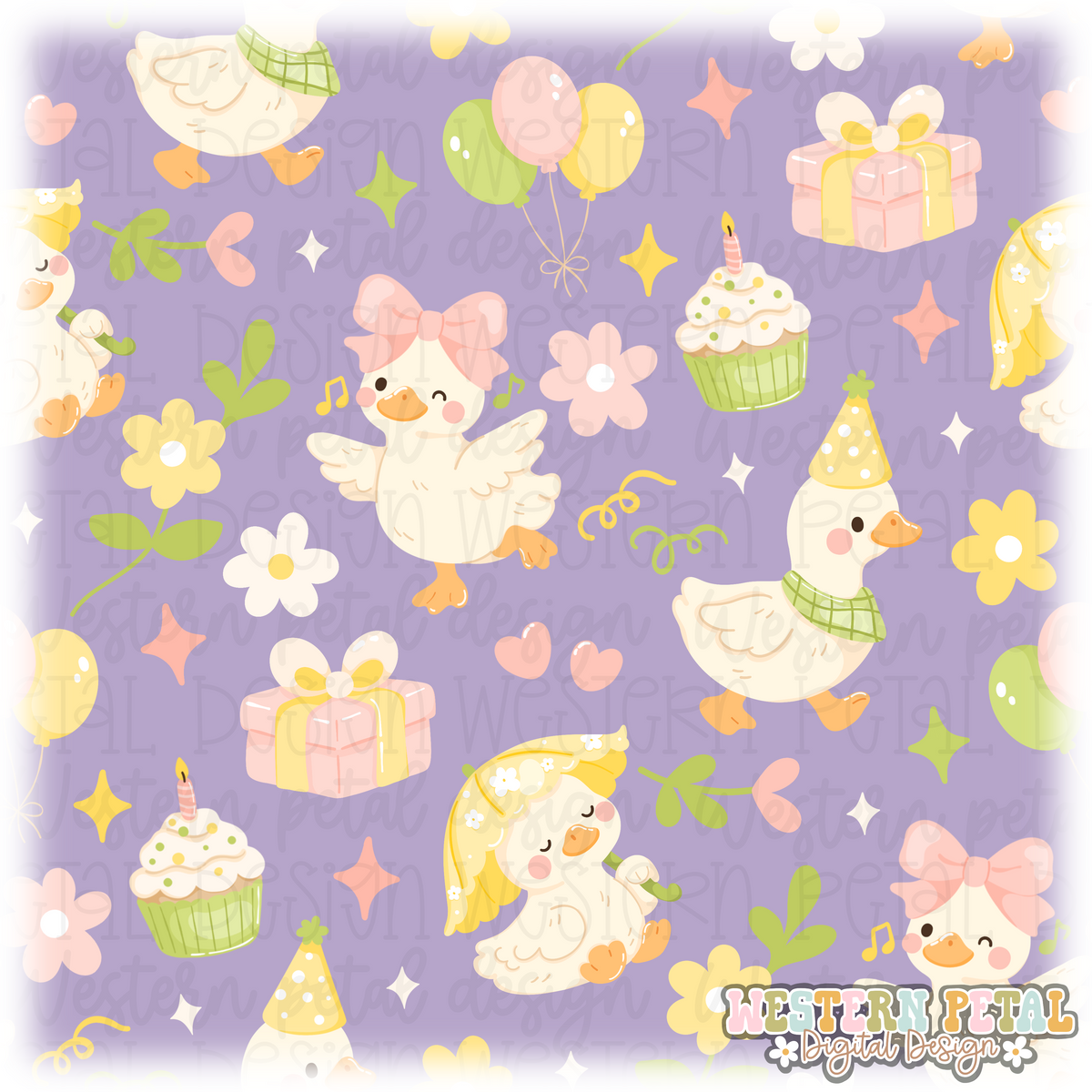 Silly Goose Birthday Seamless Pattern PNG