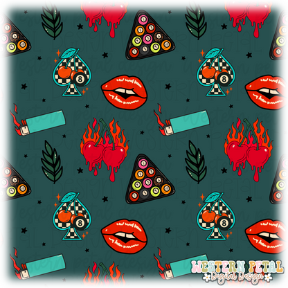 Retro Tattoo Seamless Pattern | Cherry Flames