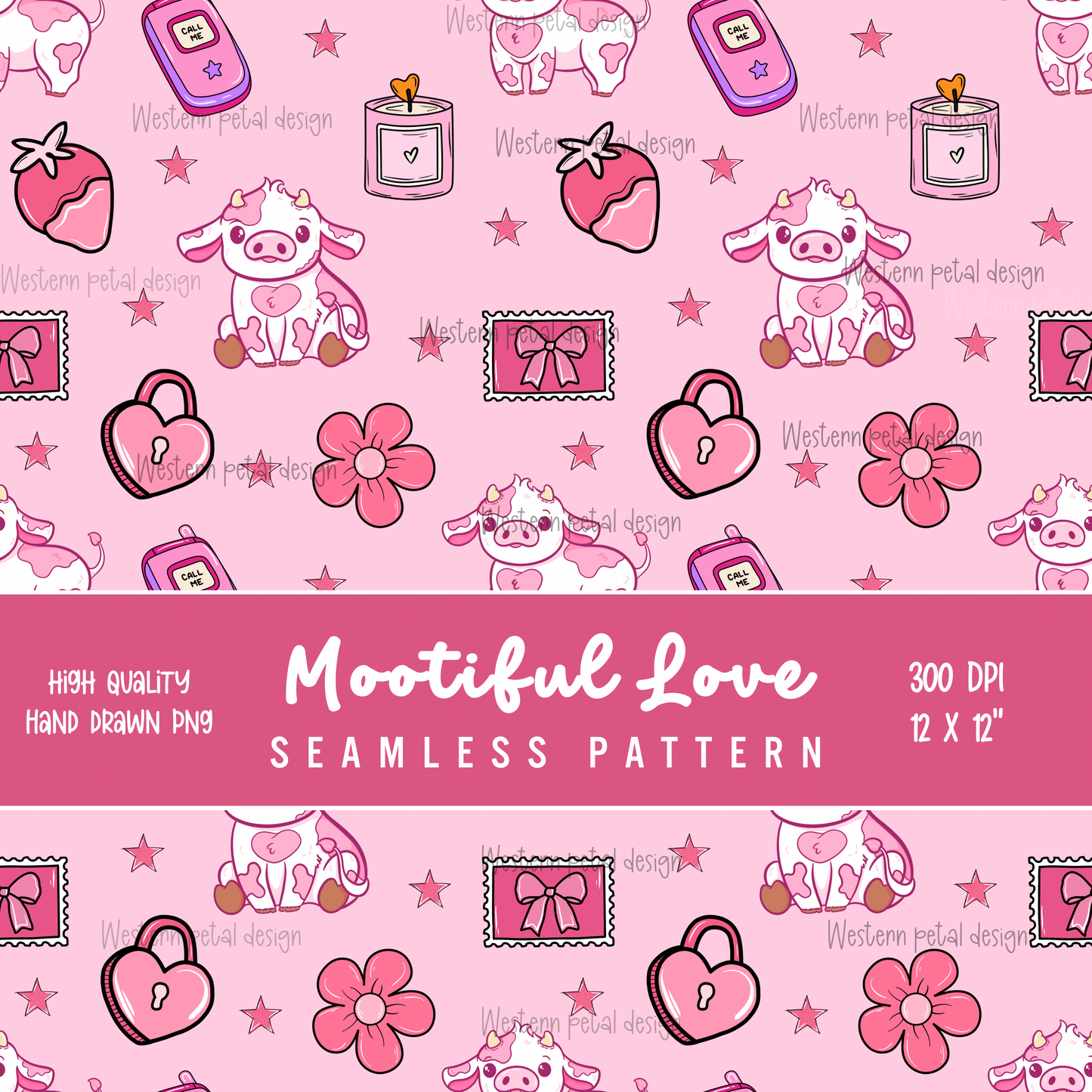 Mootiful Love Cow Seamless Pattern • Pink Valentine Cow Print • 12x12 300 DPI • Hand Drawn Cute Cow PNG • Strawberry Hearts Western Pattern