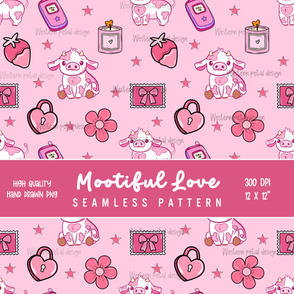 Mootiful Love Cow Seamless Pattern • Pink Valentine Cow Print • 12x12 300 DPI • Hand Drawn Cute Cow PNG • Strawberry Hearts Western Pattern