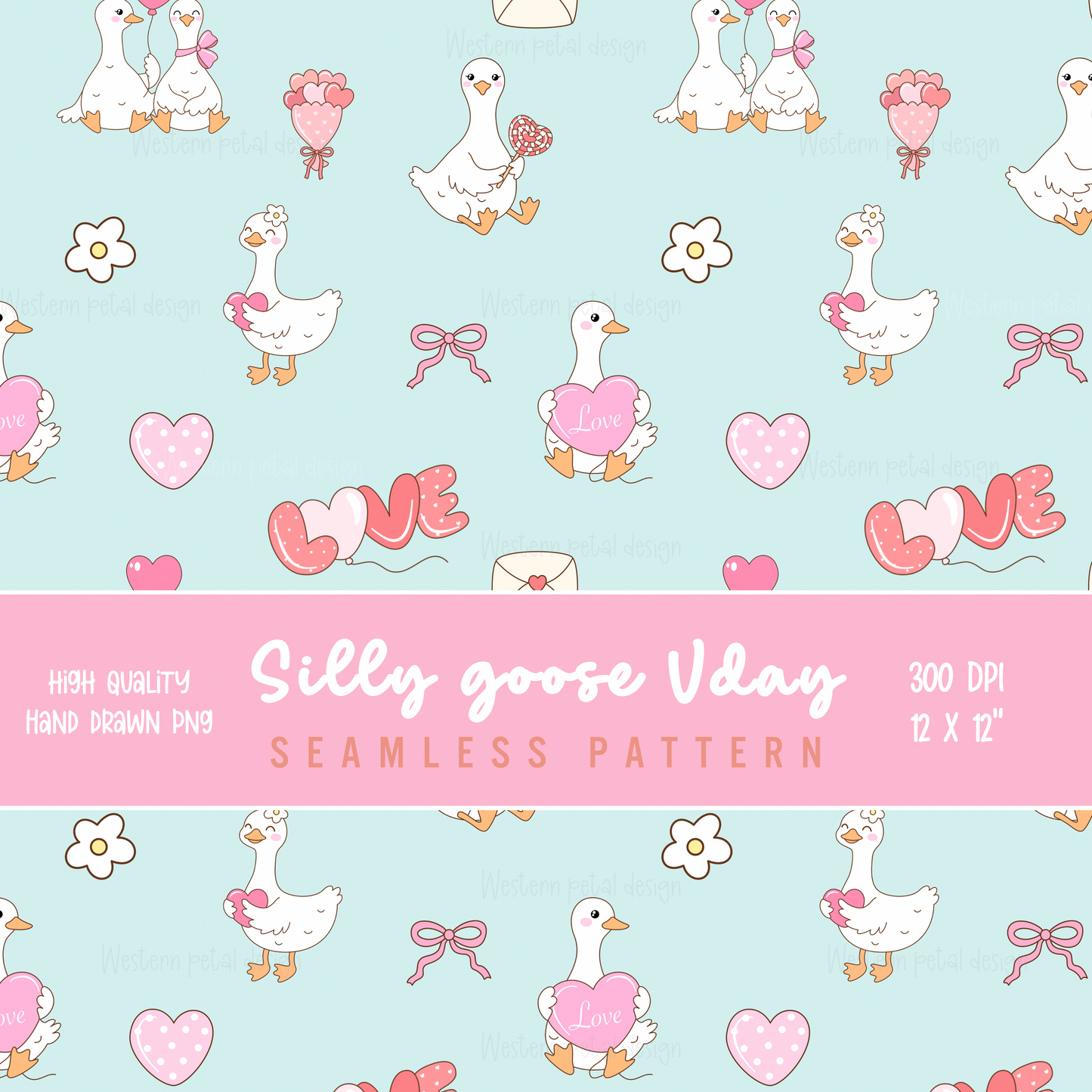 Hand Drawn Valentine Goose Seamless Pattern | 12x12” 300 DPI Digital Paper | Cute Love Ducks Background for Sublimation, Scrapbooking, Craft