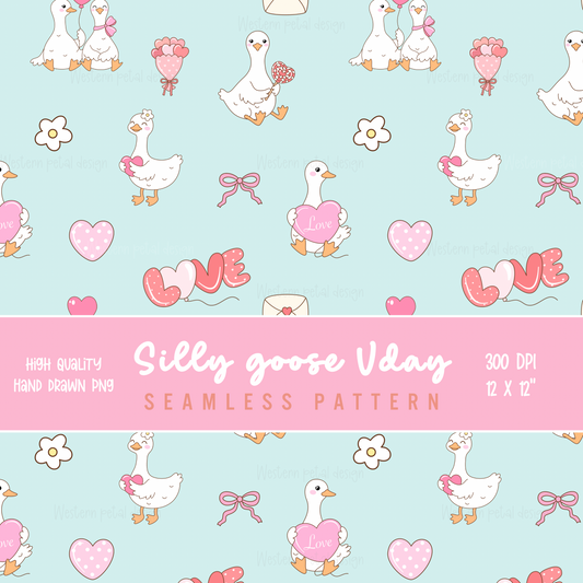 Hand Drawn Valentine Goose Seamless Pattern | 12x12” 300 DPI Digital Paper | Cute Love Ducks Background for Sublimation, Scrapbooking, Craft