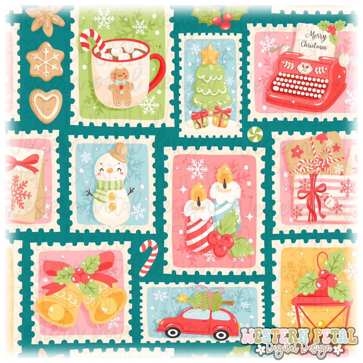 Christmas Stamps Seamless Pattern PNG