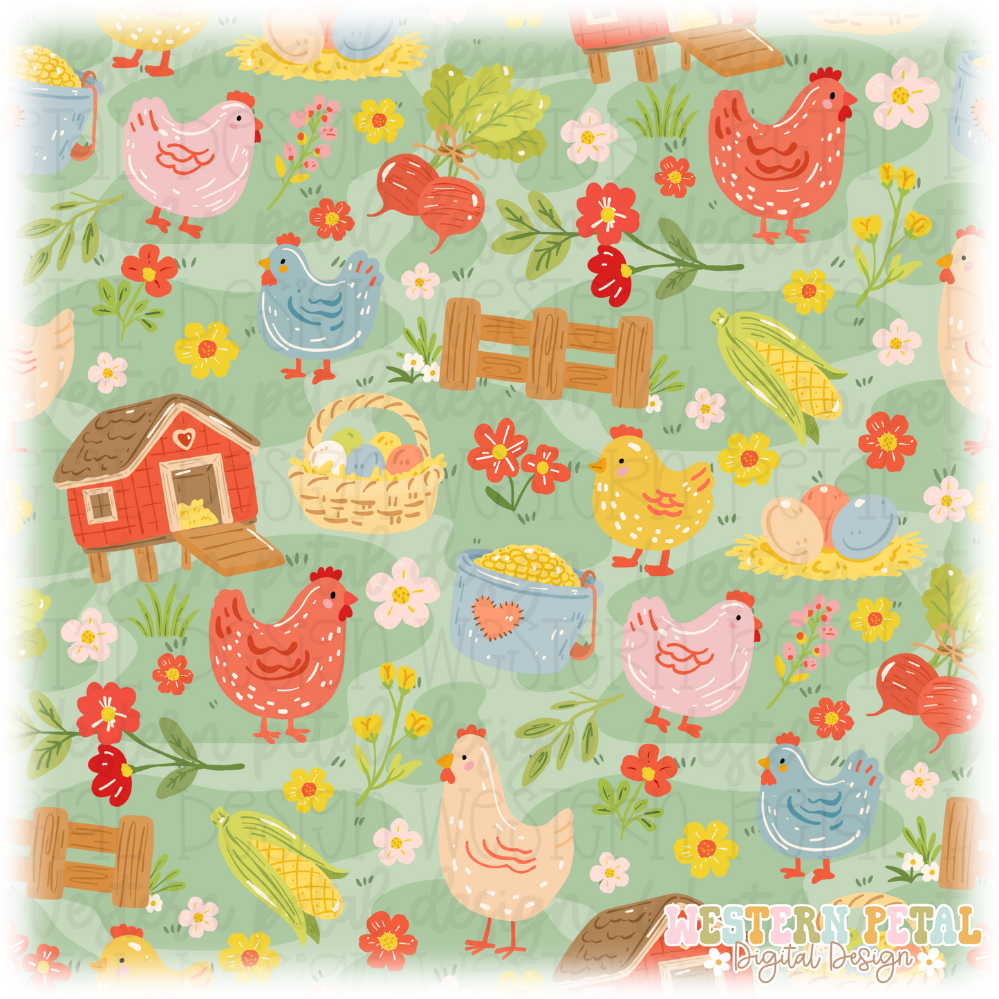 Chicken Farm Seamless Pattern PNG (Grass Background)