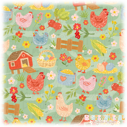 Chicken Farm Seamless Pattern PNG (Grass Background)