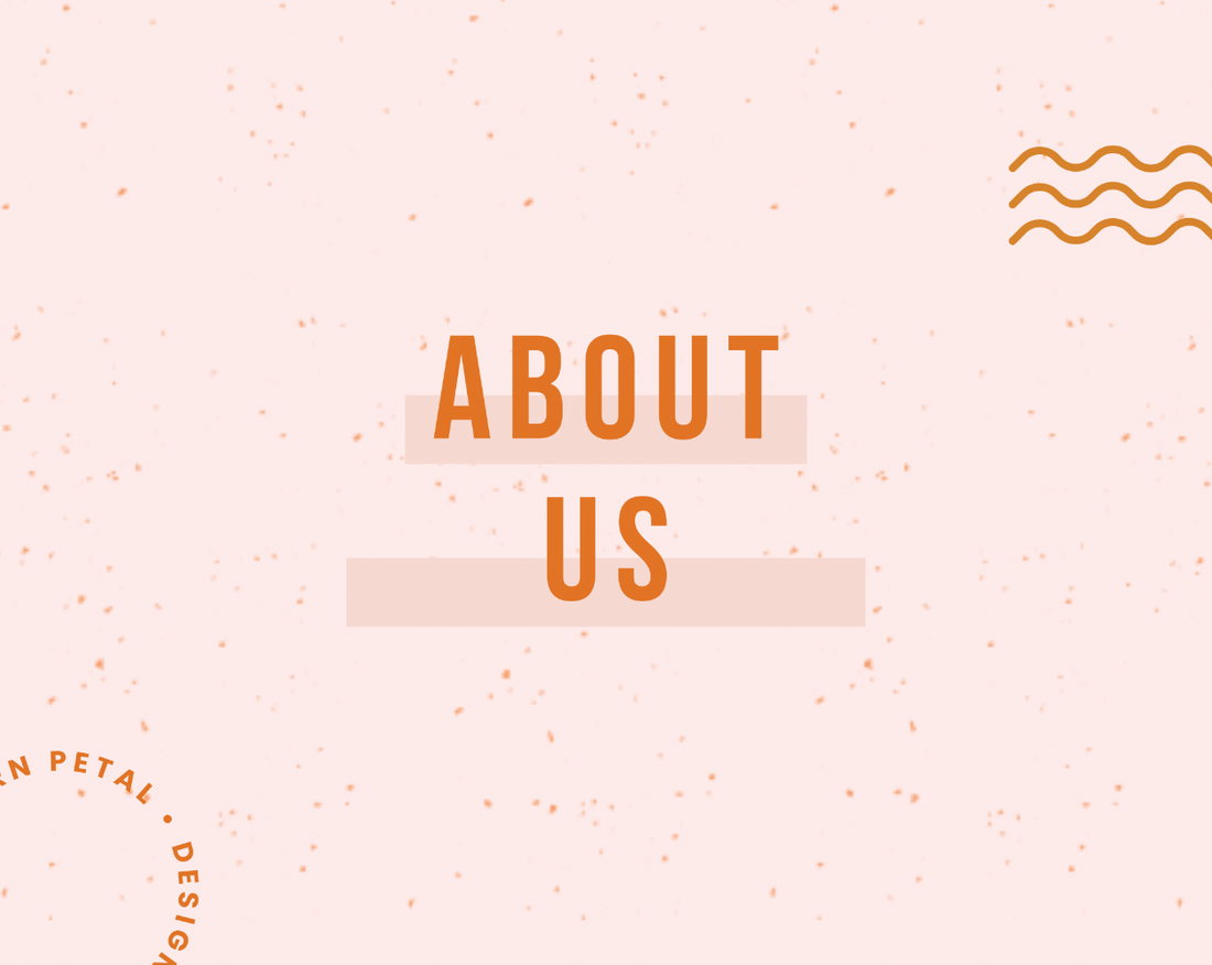 Text 'ABOUT US' on a light pink background with subtle patterns