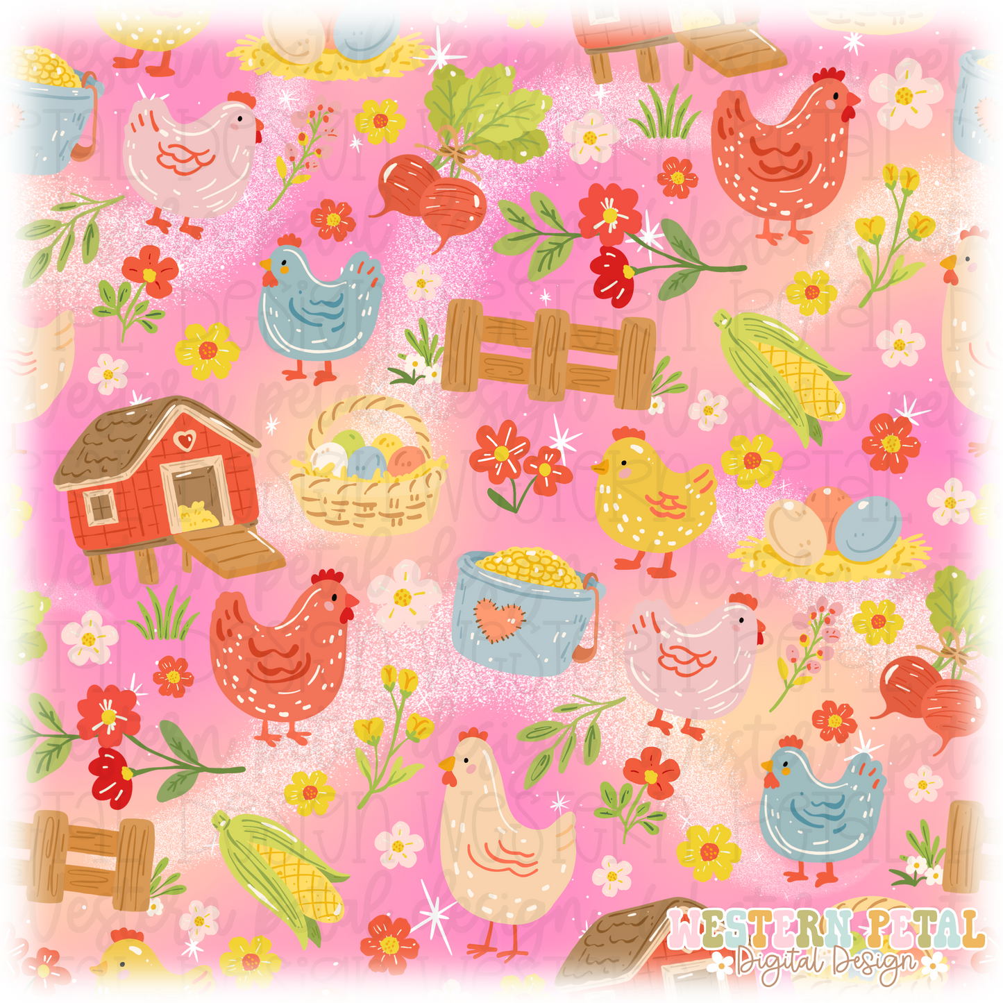 Chicken Farm Seamless Pattern PNG (Pink Background)