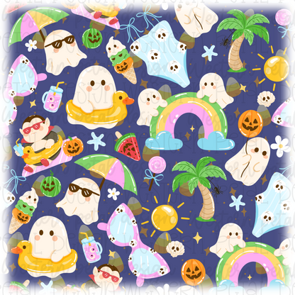 Summerween Beach Ghost Seamless Pattern