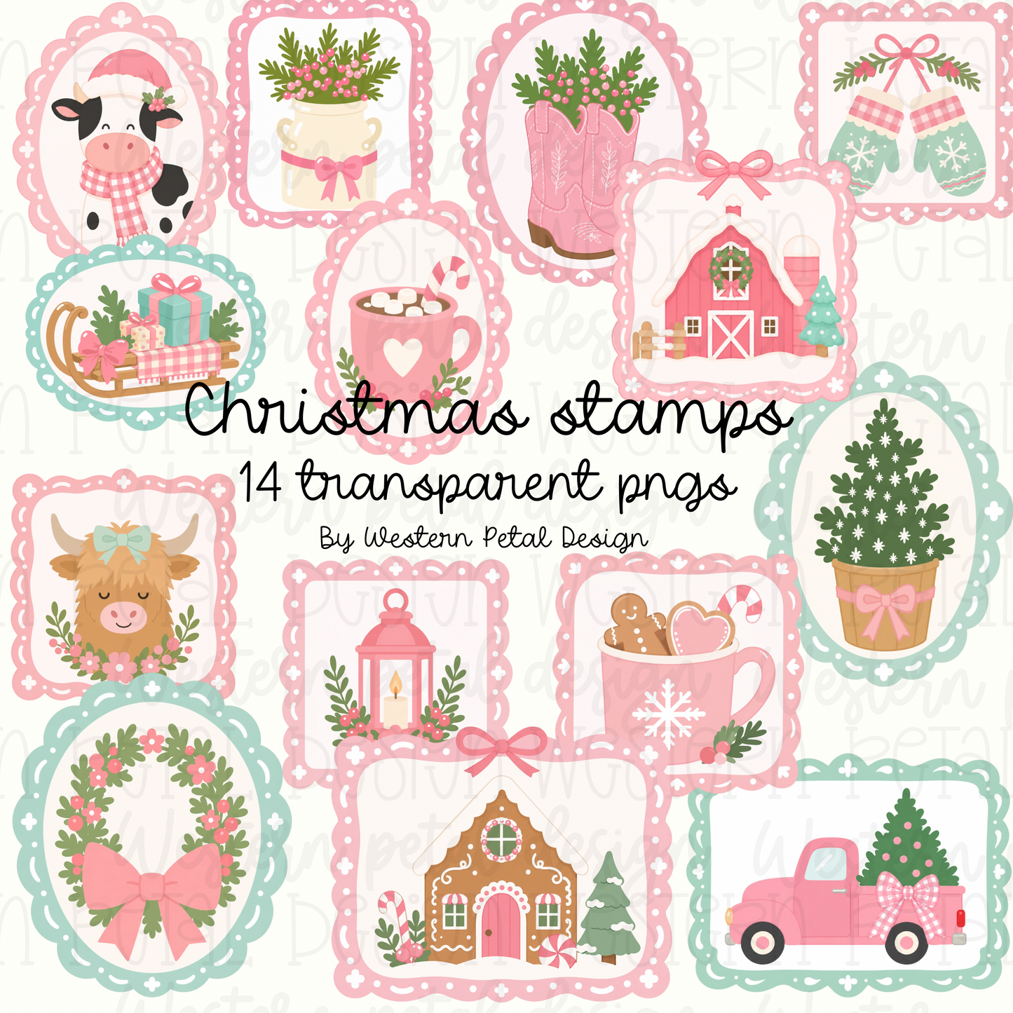 Christmas Farmhouse Stamp Clipart PNG Bundle