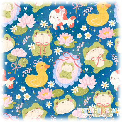 Kawaii Frog Pond Seamless Pattern PNG